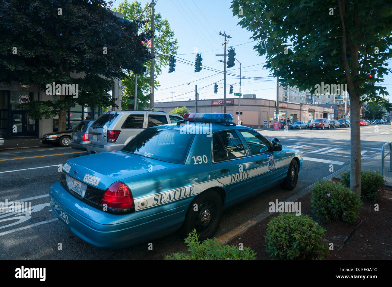 Nahaufnahme von Seattle Polizeiauto fahren entlang der Straße Stockfoto