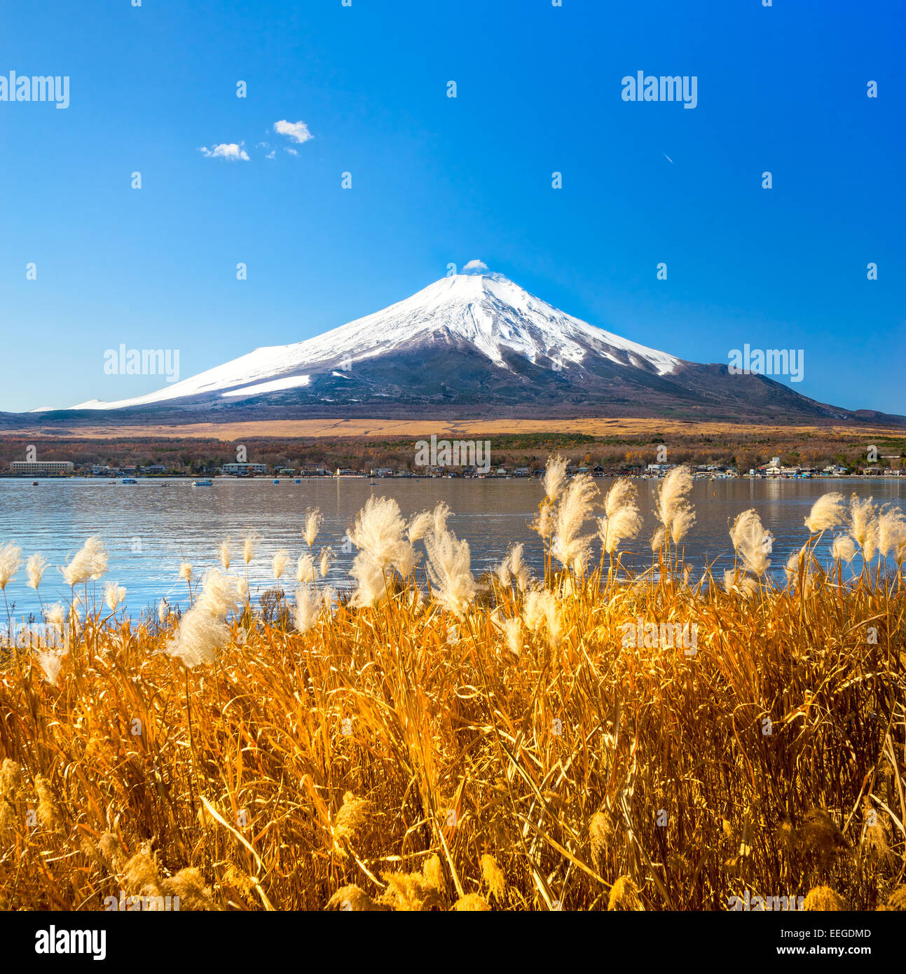 Mount Fuji spiegelt sich in Yamanaka-See in der Morgendämmerung, Japan. Stockfoto