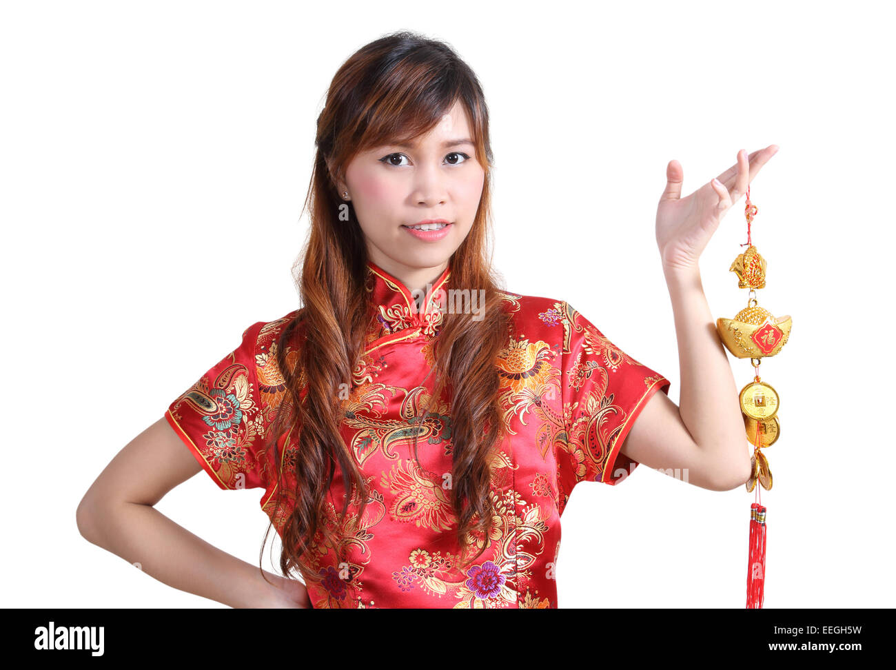 chinesische Frau glücklich in chinesischen traditionellen Kleid auf weißem Hintergrund Stockfoto