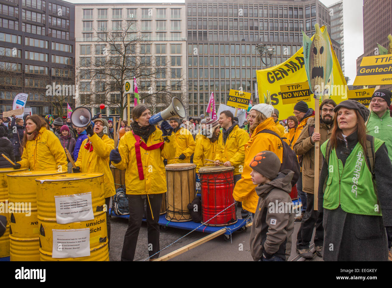 Tausende Menschen protestieren gegen industrielle Scheunen, wo Tiere in erträglich Bedingungen am 17. Januar 2015 in Berlin sind. Stockfoto