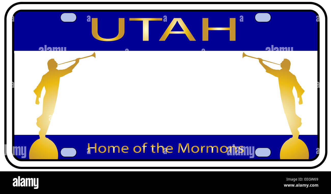 Utah State-Kfz-Kennzeichen mit dem Engel Moroni auf einem weißen Hintergrund Stockfoto