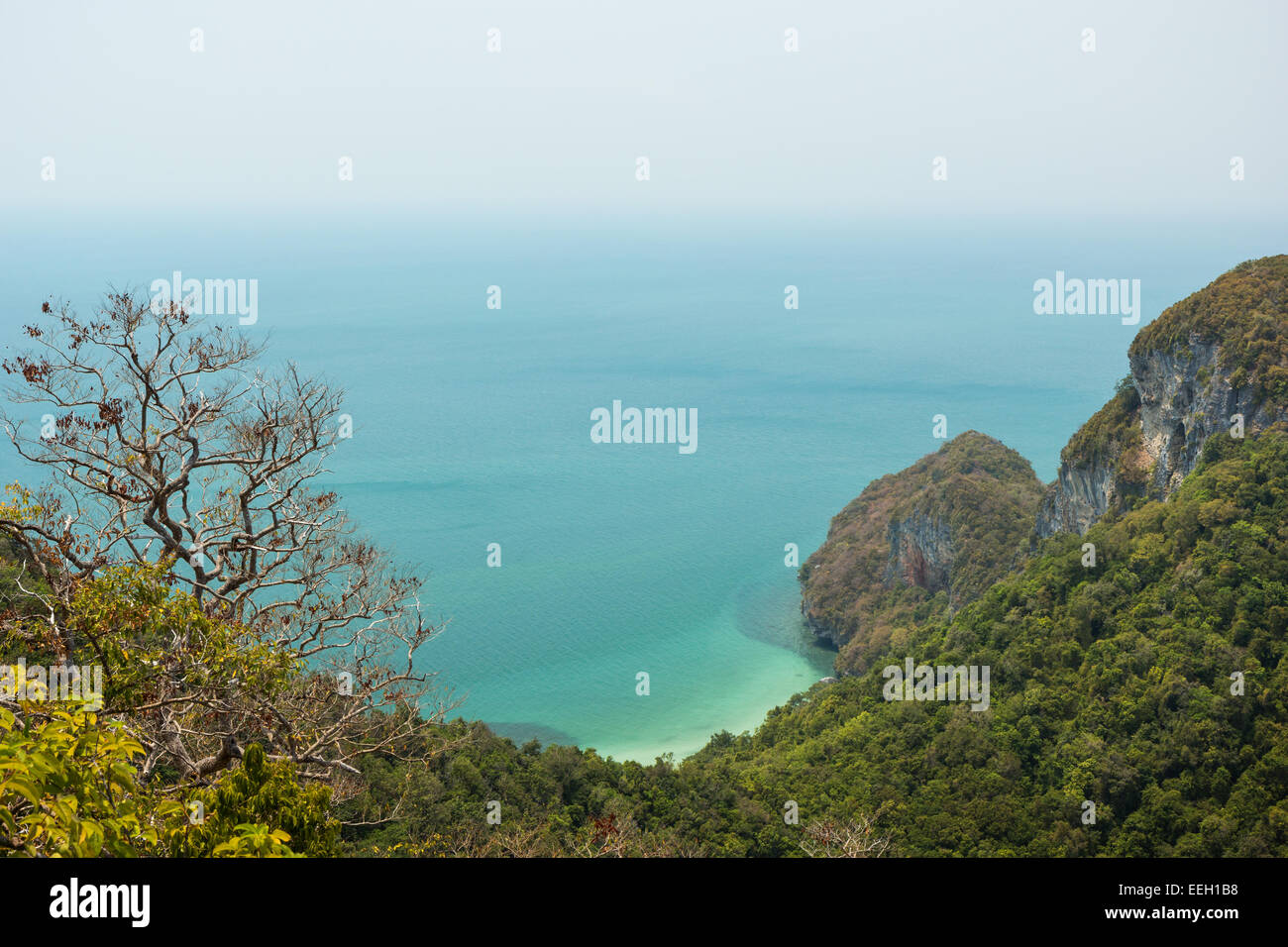 Blick auf üppige und hügelige Insel, Küste und Meer von oben auf die (Ang Thong) Angthong National Marine Park in Thailand. Stockfoto