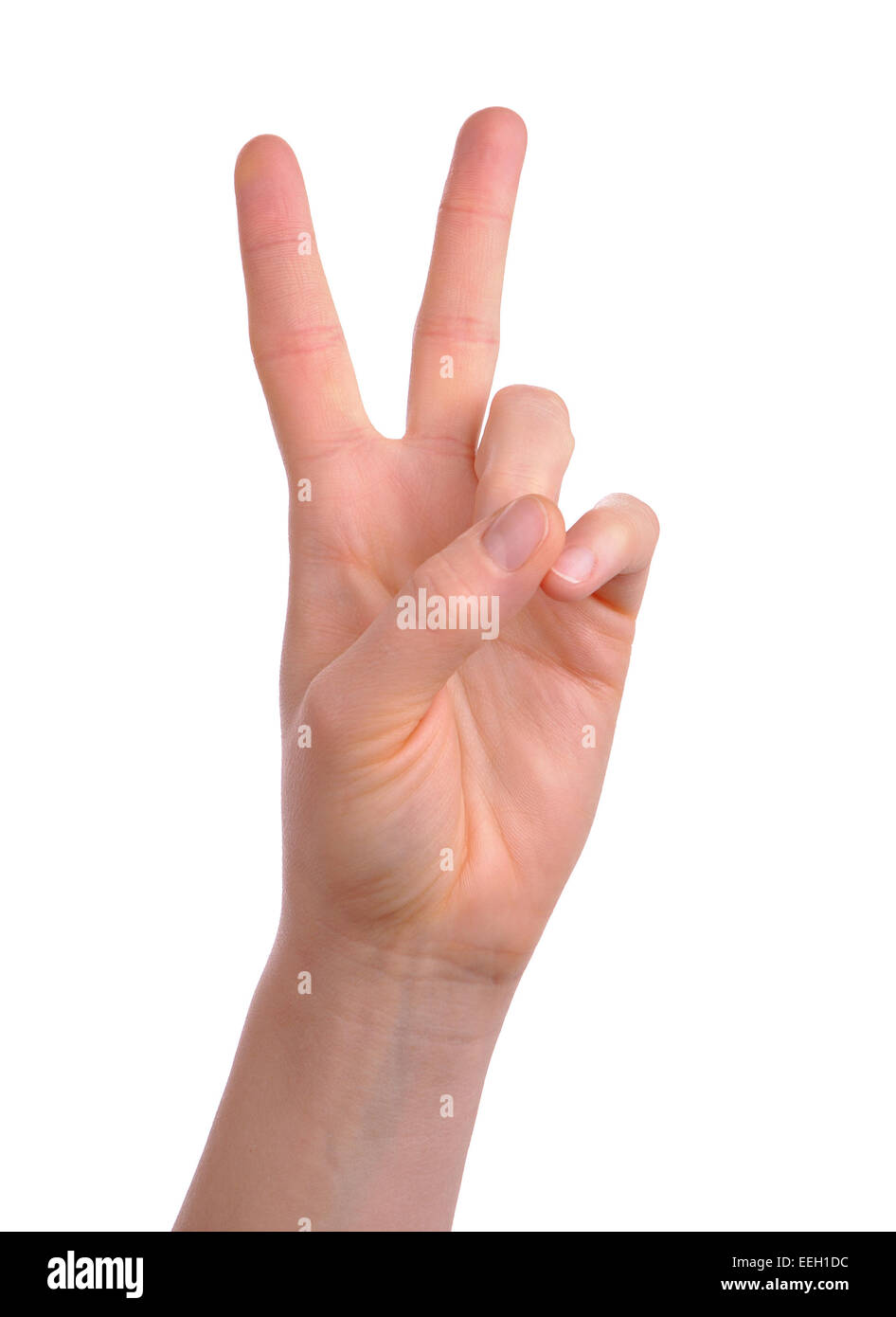 zarte Frauenhand mit zwei Fingern, die Zeichen des Sieges zu erstellen Stockfoto