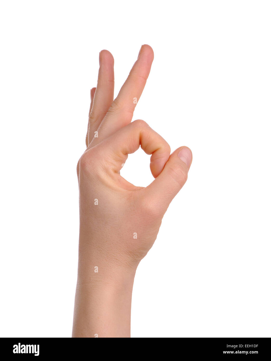 zarte Frauenhand Ordnung Anzeichen isoliert auf weiß Stockfoto