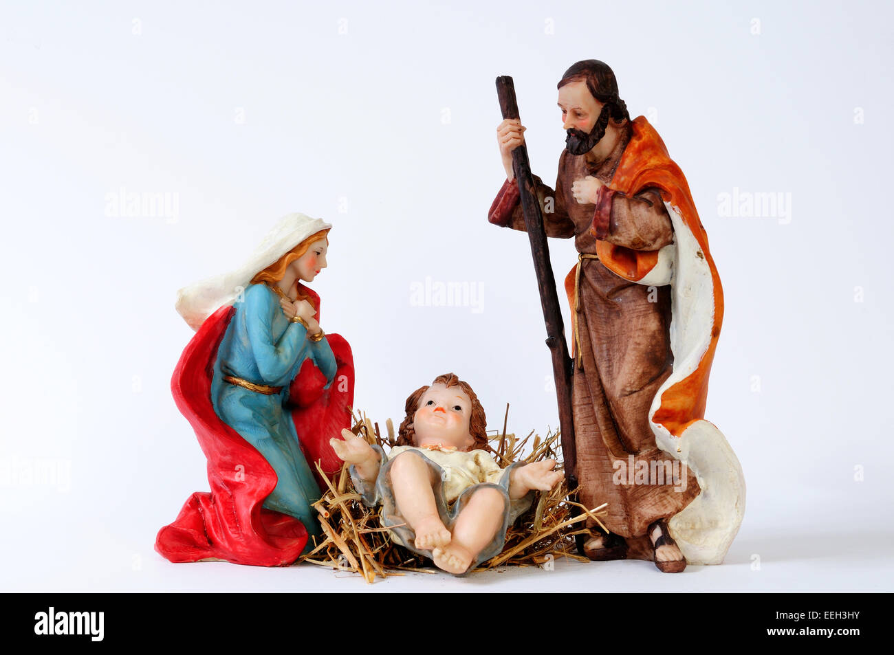 Elemente der katholischen christlichen Krippe isolierten auf weißen Hintergrund. Stockfoto