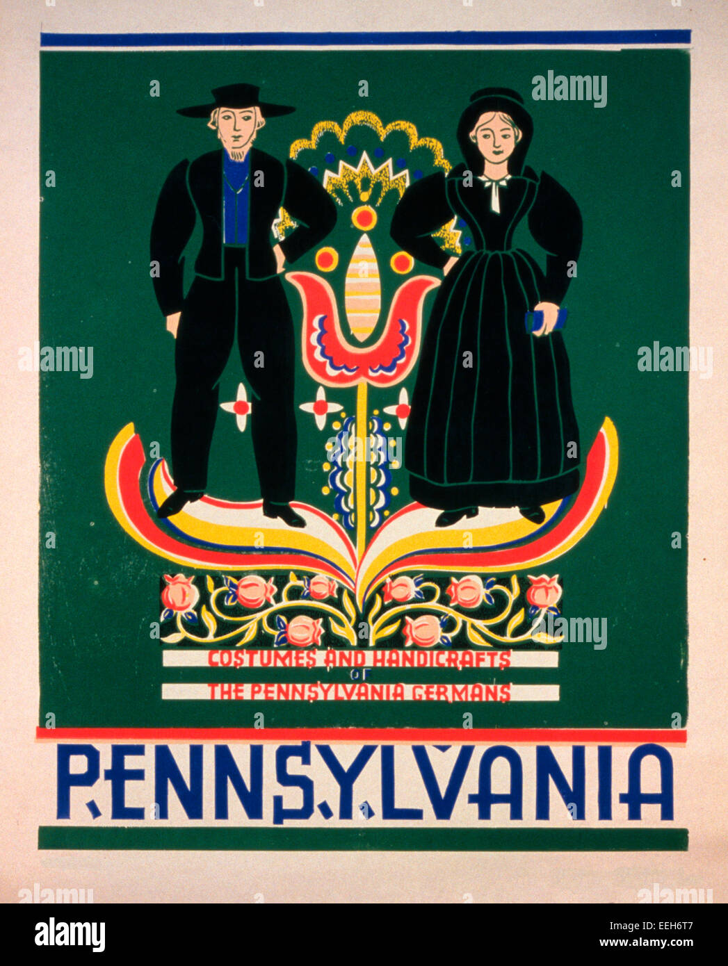 Pennsylvania Kostüme und Handarbeiten, die Pennsylvania-deutschen - Poster, die Förderung von Lancaster County, Pennsylvania, zeigt ein amisches paar, ca. 1940 Stockfoto