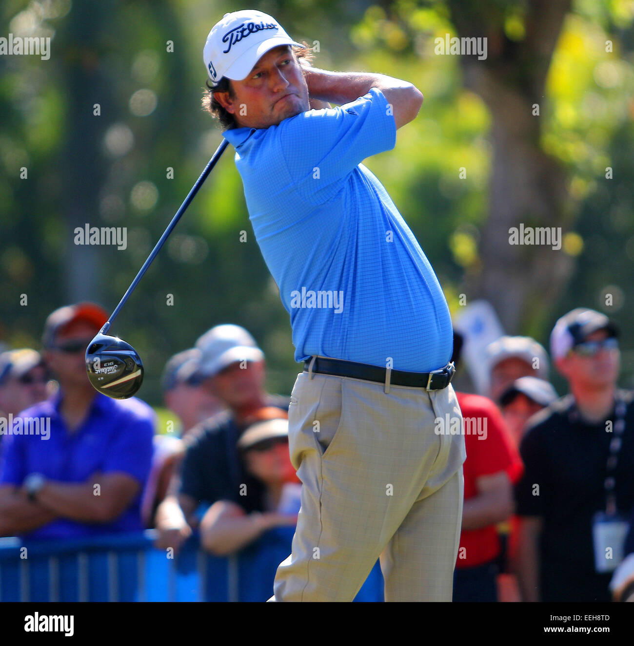 Honolulu, Hawaii. 18. Januar 2015. Tim Clark abschlägt am 1. Abschlag in der Finalrunde der 2015 Sony Open In Hawaii im Waialae Country Club in Honolulu, HI. Bildnachweis: Cal Sport Media/Alamy Live-Nachrichten Stockfoto