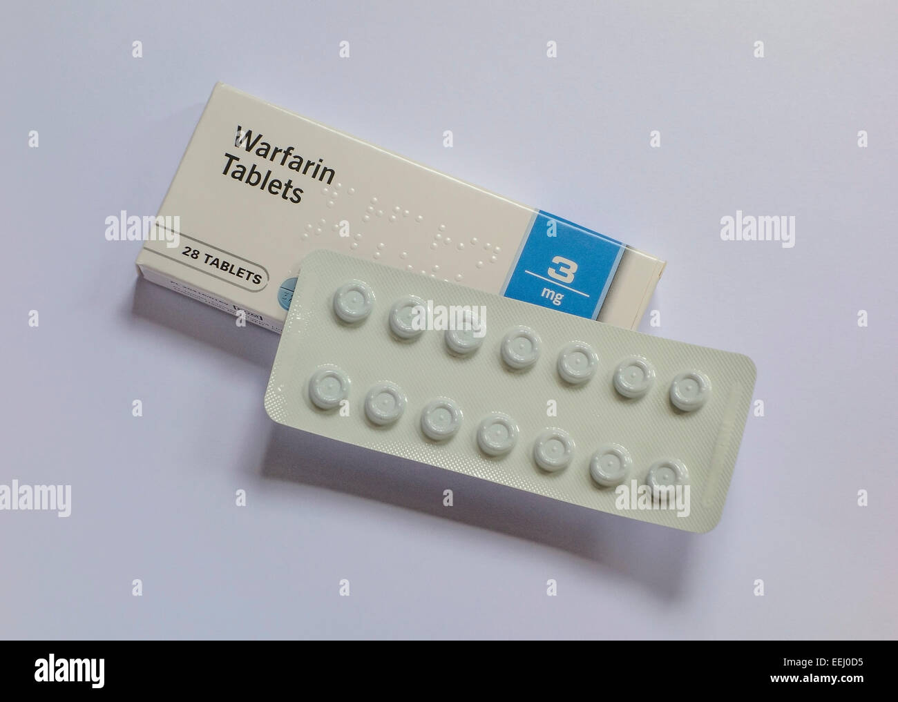 Warfarin Tabletten Rezept Pack, England, UK. Stockfoto