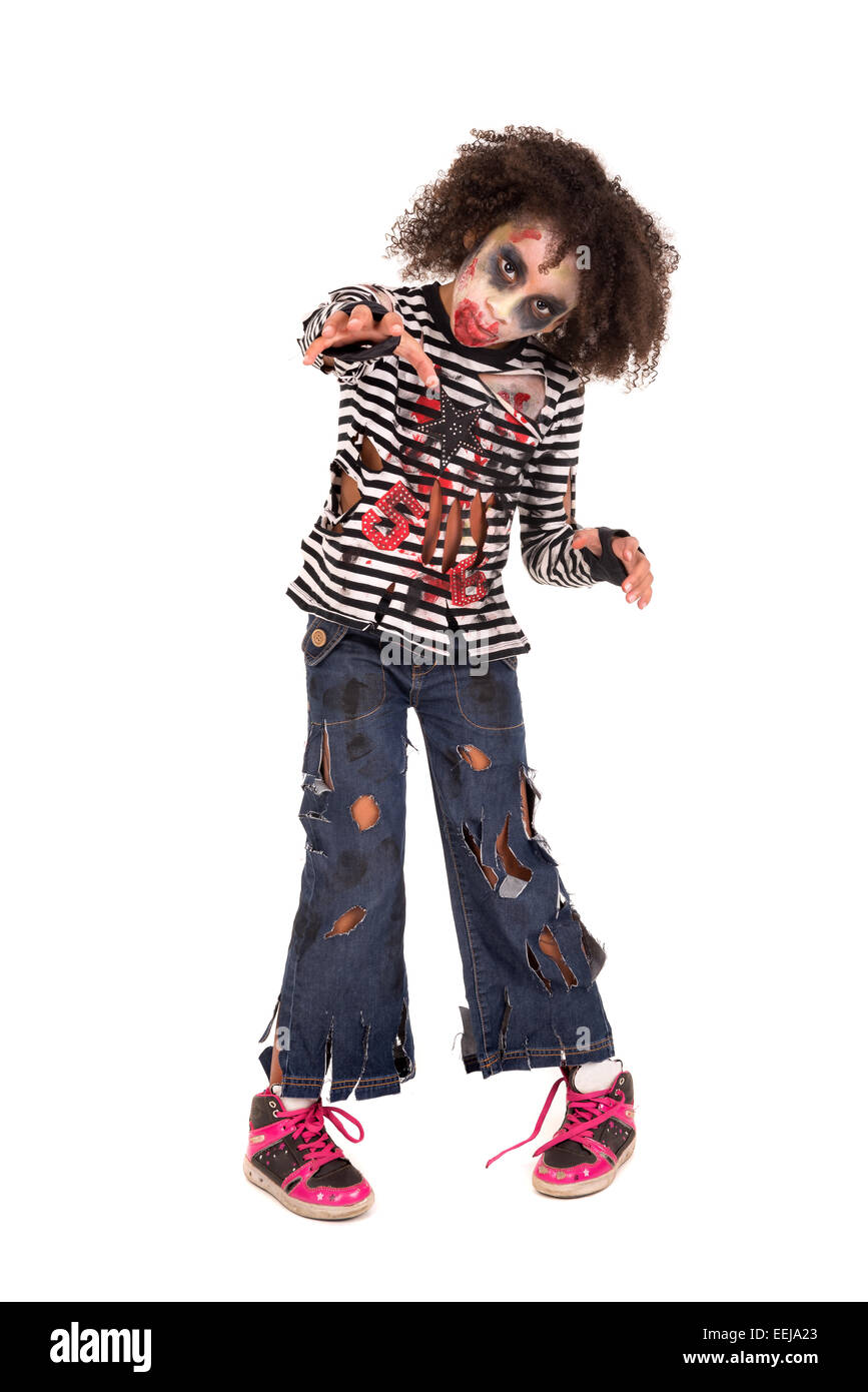 Junges Mädchen isoliert Zombie mit Bemalung in Halloween in weiß Stockfoto