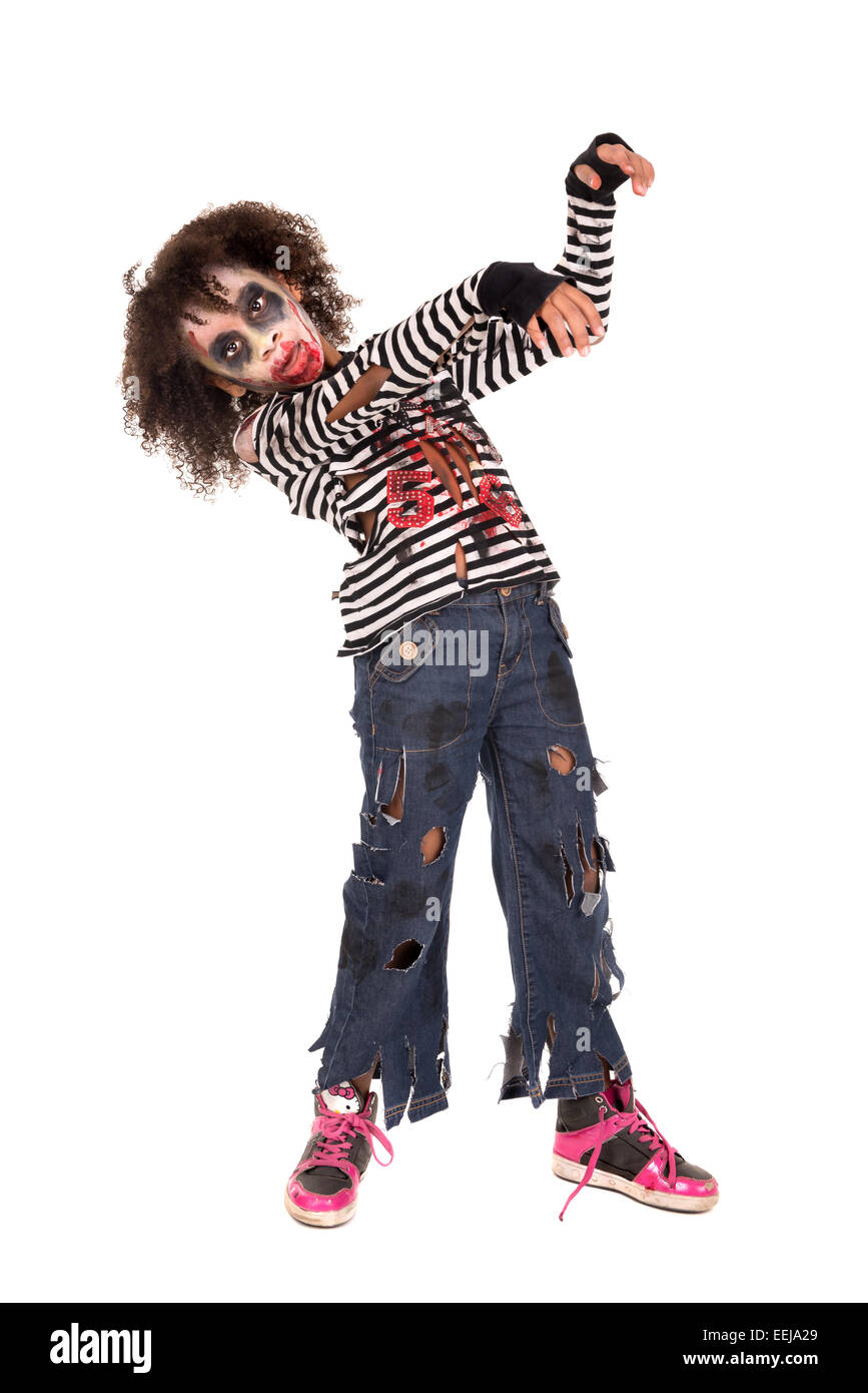Junges Mädchen isoliert Zombie mit Bemalung in Halloween in weiß Stockfoto