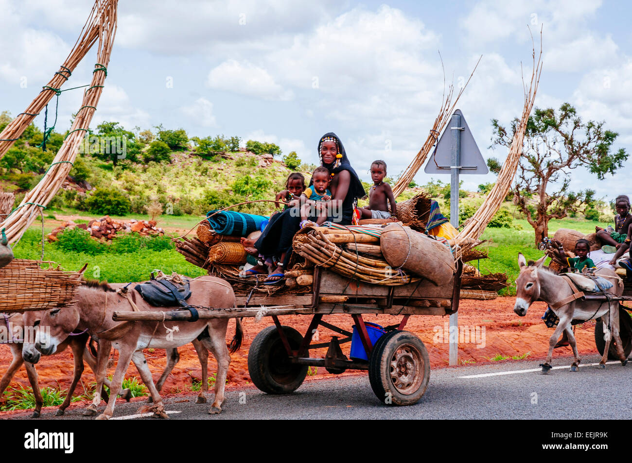 Porträt der Fulani Nomadenfamilie Eselskarren, Mali unterwegs. Stockfoto