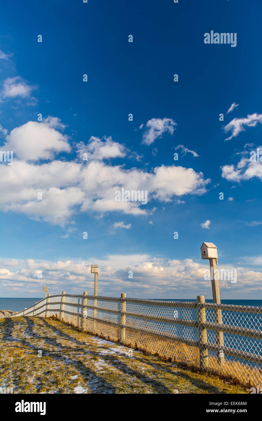 Diese Vogelhäuschen und Zaun sind auf der rechten Seite des Portland Head Light, befindet sich in Portland, Maine. Stockfoto