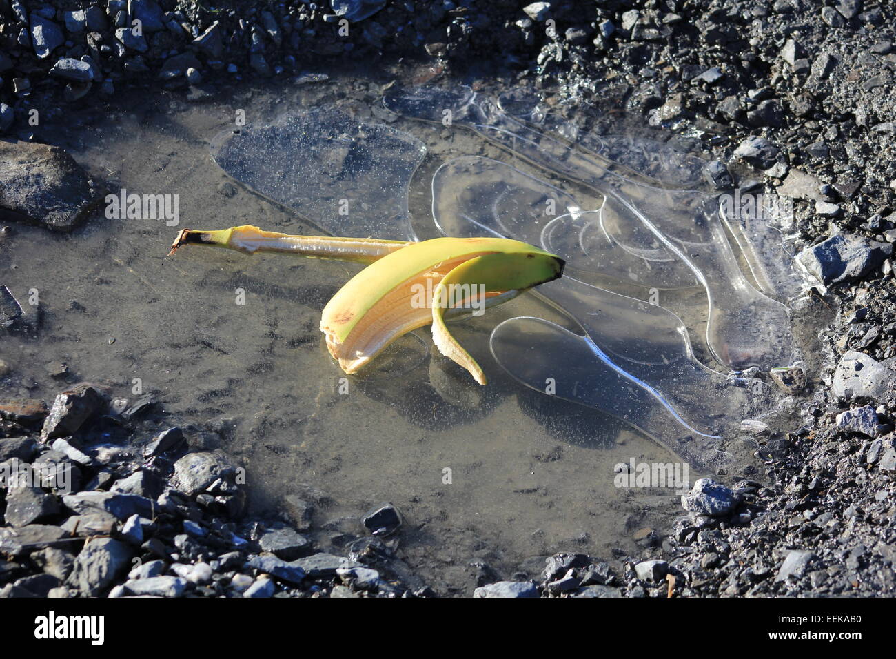 Eine Bananenschale lauert auf einem gefrorenen Schlagloch ein ahnungsloses Opfer Stockfoto