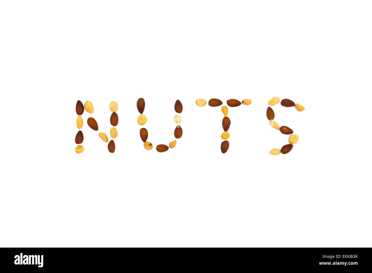 Das Wort "Nuts" geschrieben mit gemischten Nüssen auf einem isolierten weißen Hintergrund Stockfoto