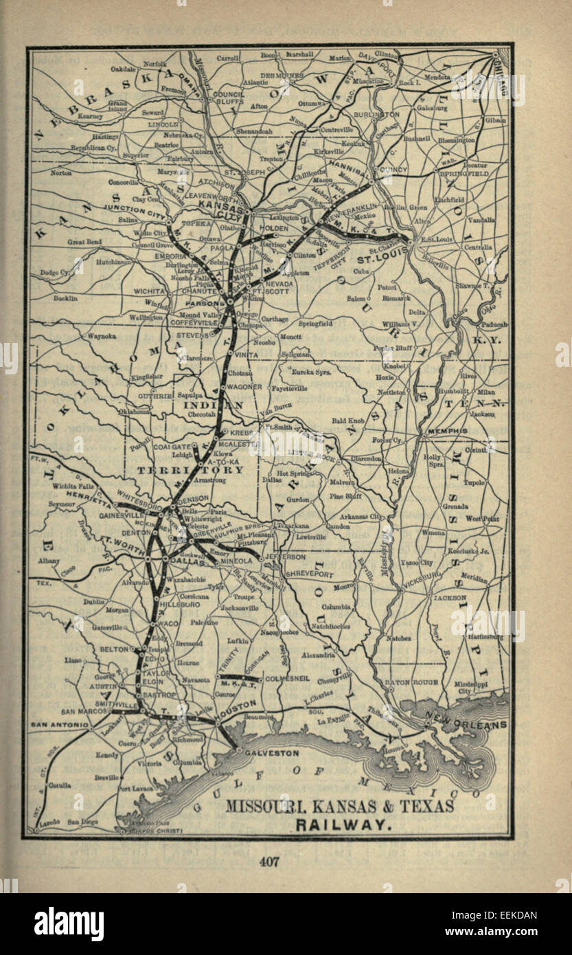 Der 1893 Poor's Guide beschreibt die Missouri, Kansas and Texas Railway, eine bedeutende Eisenbahngesellschaft, die die zentralen Vereinigten Staaten bedient. Sie spielte eine wichtige Rolle im Güter- und Personenverkehr und verband wichtige Städte in Missouri, Kansas und Texas. Stockfoto