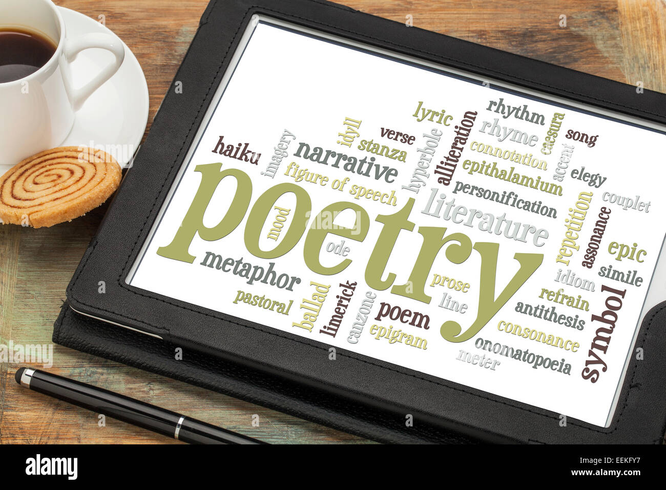 Poesie-Wortwolke auf digitale Tablett mit Kaffee Stockfoto