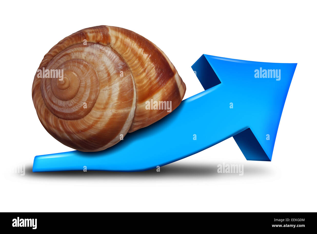 Langsame Geschäft Wachstum Finanzsymbol als eine blaue drei dimensionale Pfeil nach oben geformt wie eine Schnecke für das Konzept der träge Gewinn Gewinne oder die Wirtschaft erholt sich langsam. Stockfoto