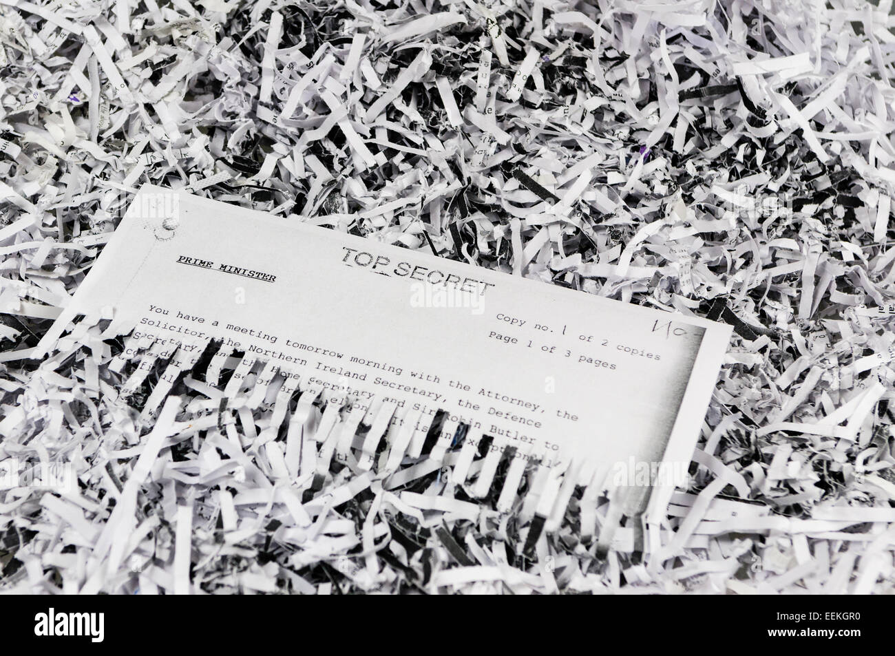 Halb zerfetzten "streng geheim" eingestuft Korrespondenz für den Premierminister des Vereinigten Königreichs bestimmt. Stockfoto