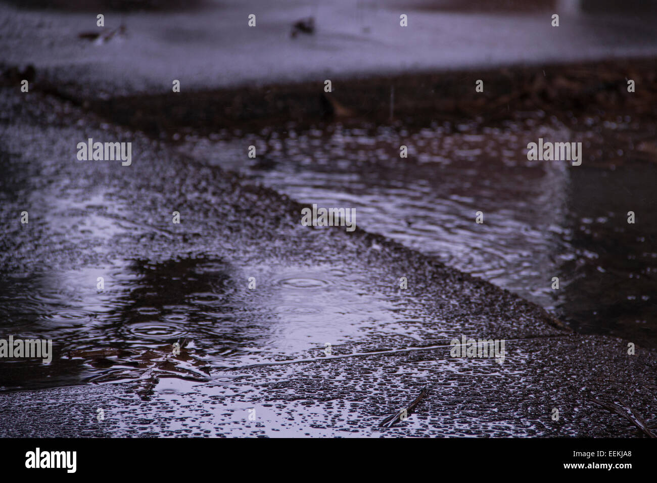 Erhöhten Bürgersteige an einem regnerischen, trüben Tag nass. Stockfoto