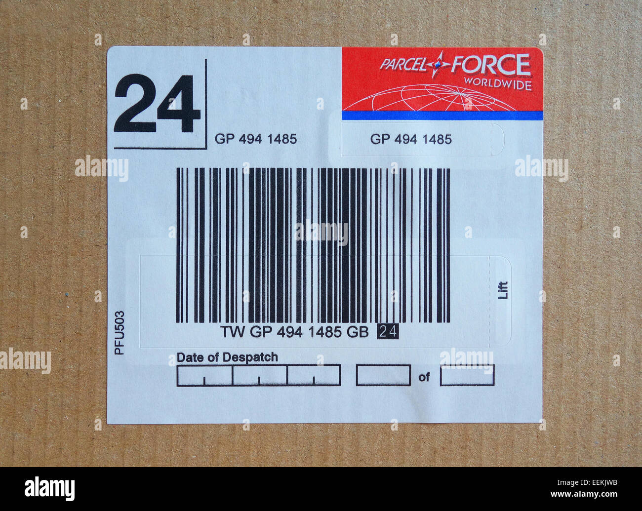 Ein Parcel Force Barcode auf Verpackung Stockfoto
