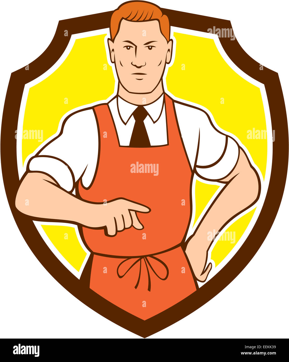 Illustration der Koch Koch mit der Hand auf den Hüften zeigen zugewandten vorderen Satz innen Schild Wappen auf isolierte Hintergrund im Cartoon-Stil gemacht. Stockfoto