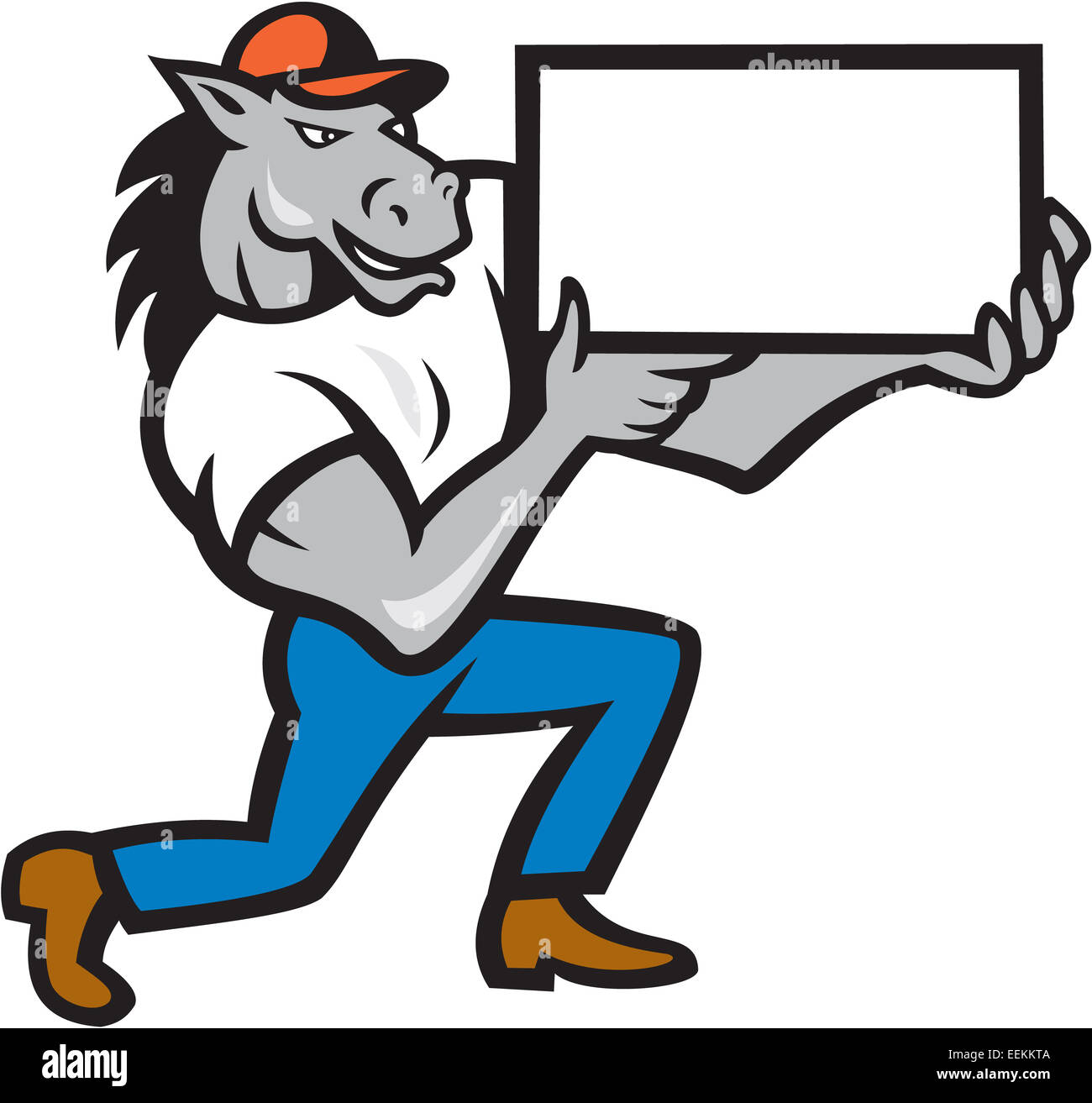 Abbildung von einem Pferd kniend halten leeres Blatt Board Set auf isolierten weißen Hintergrund getan im Cartoon-Stil präsentiert. Stockfoto