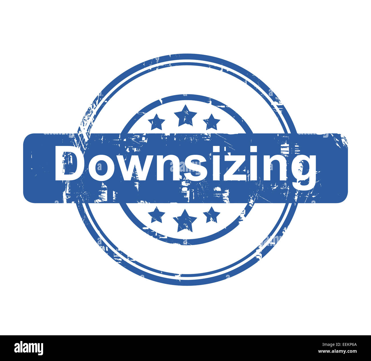 Downsizing-Konzept Firmenstempel mit Sternen isoliert auf einem weißen Hintergrund. Stockfoto