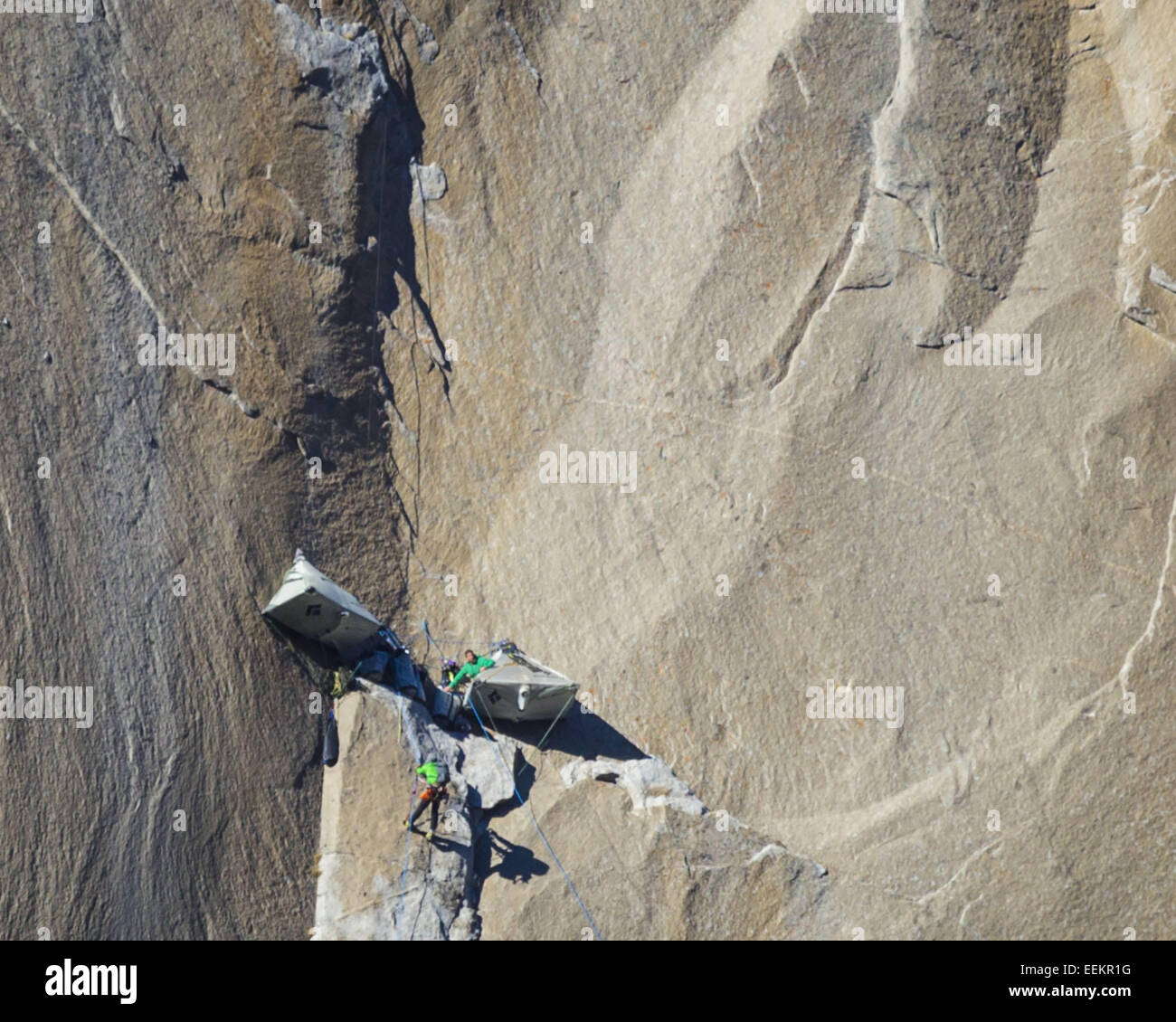 Yosemite Nationalpark, Kalifornien, USA. 19. Januar 2015. Dienstag, 30. Dezember, 2014.Either TOMMY CALDWELL oder KEVIN JORGESON Jumars bis zu einem Biwak am El Capitan. Die Männer nehmen einem Ruhetag bei ihrem Versuch, Aufstieg kostenlos Dawn Wall am El Capitan (El Cap) im Yosemite Nationalpark, Kalifornien. © Tracy Barbutes/ZUMA Draht/Alamy Live-Nachrichten Stockfoto