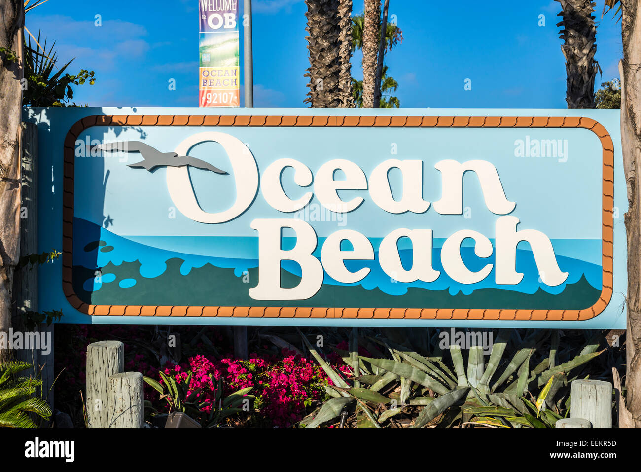 Der Ocean Beach Community willkommen Zeichen.  San Diego, California, Vereinigte Staaten von Amerika. Stockfoto
