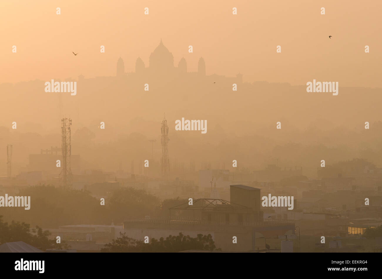 Ansicht von Jodhpur Stadtbild bei Sonnenaufgang mit der Umaid Bhawan Palace, in der Ferne. Zustand von Rajasthan, Nordindien. Stockfoto