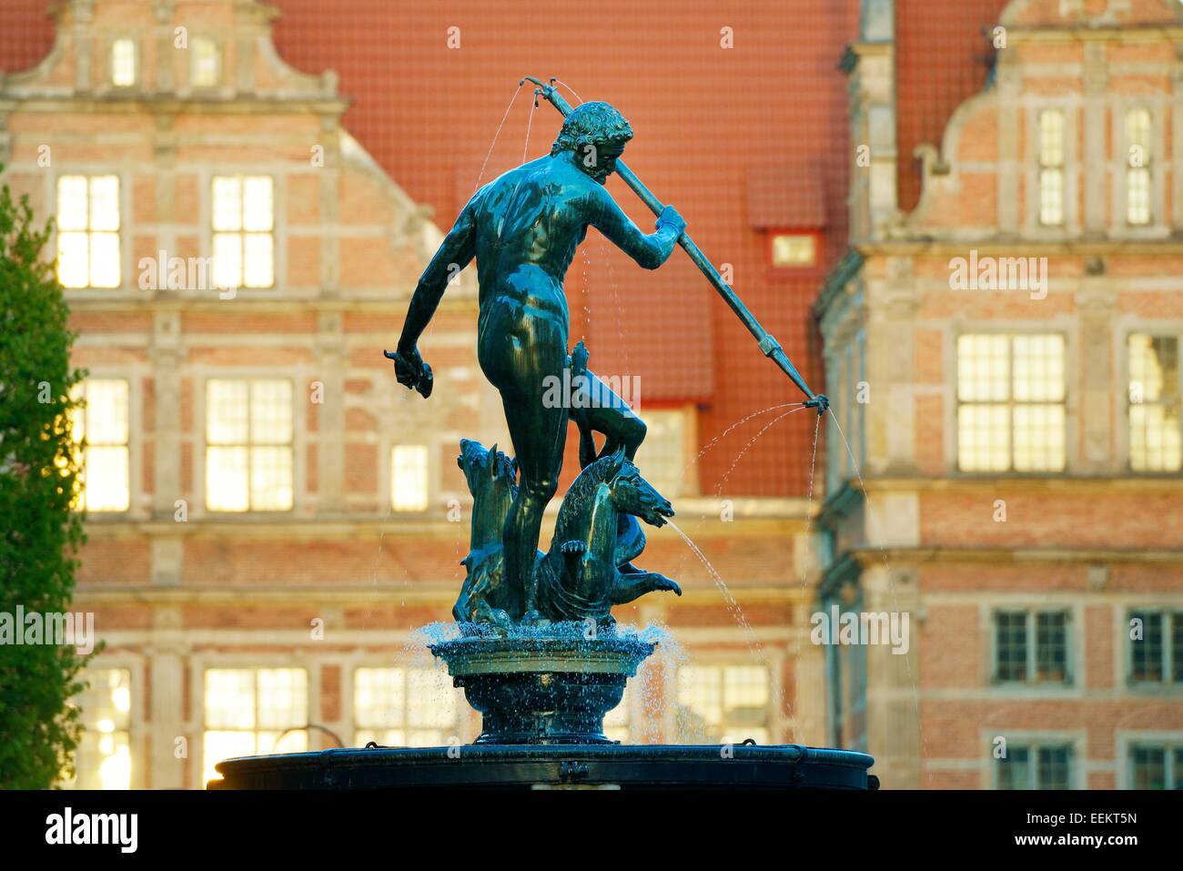Danzig Polen. Die Altstadt. Der Neptun-Brunnen errichtet 1633 mit der reich verzierten Fassade des grünen Tores hinter Stockfoto