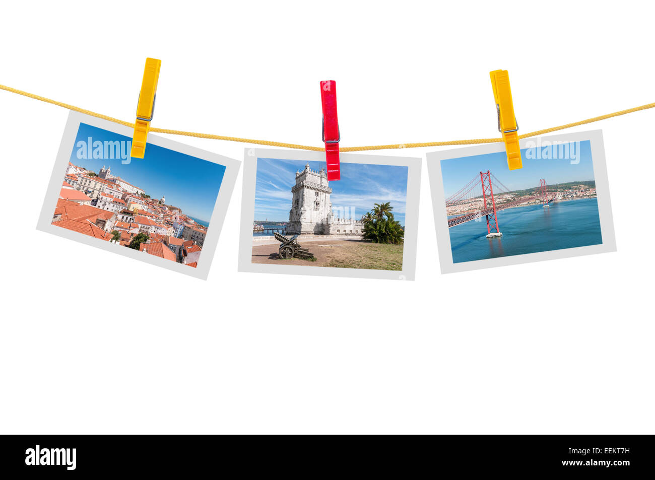 Drei Fotos von Lissabon auf der Wäscheleine isoliert auf weißem Hintergrund mit Beschneidungspfad Stockfoto
