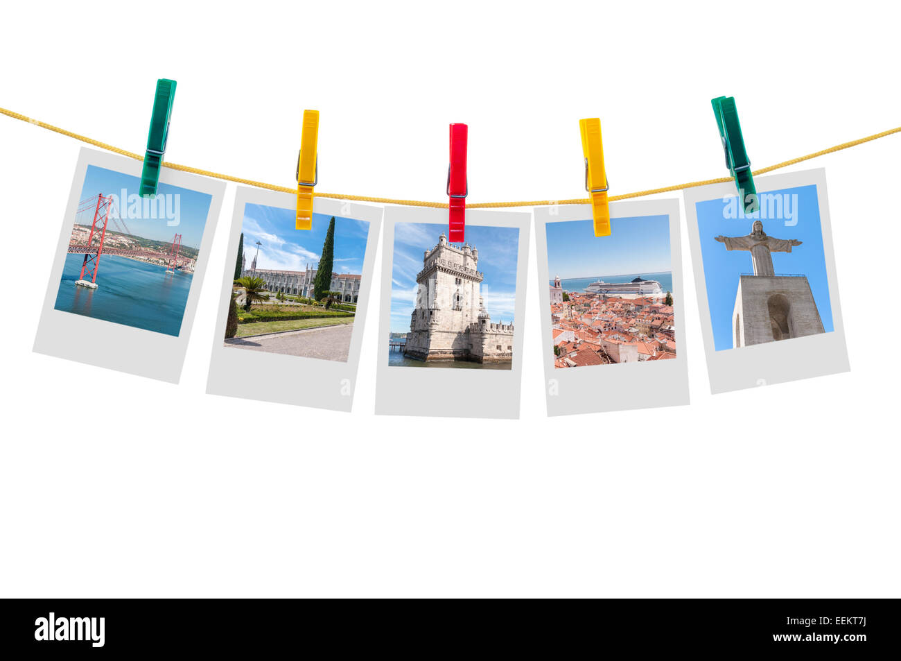 Fünf Fotos von Lissabon auf der Wäscheleine isoliert auf weißem Hintergrund mit Beschneidungspfad Stockfoto