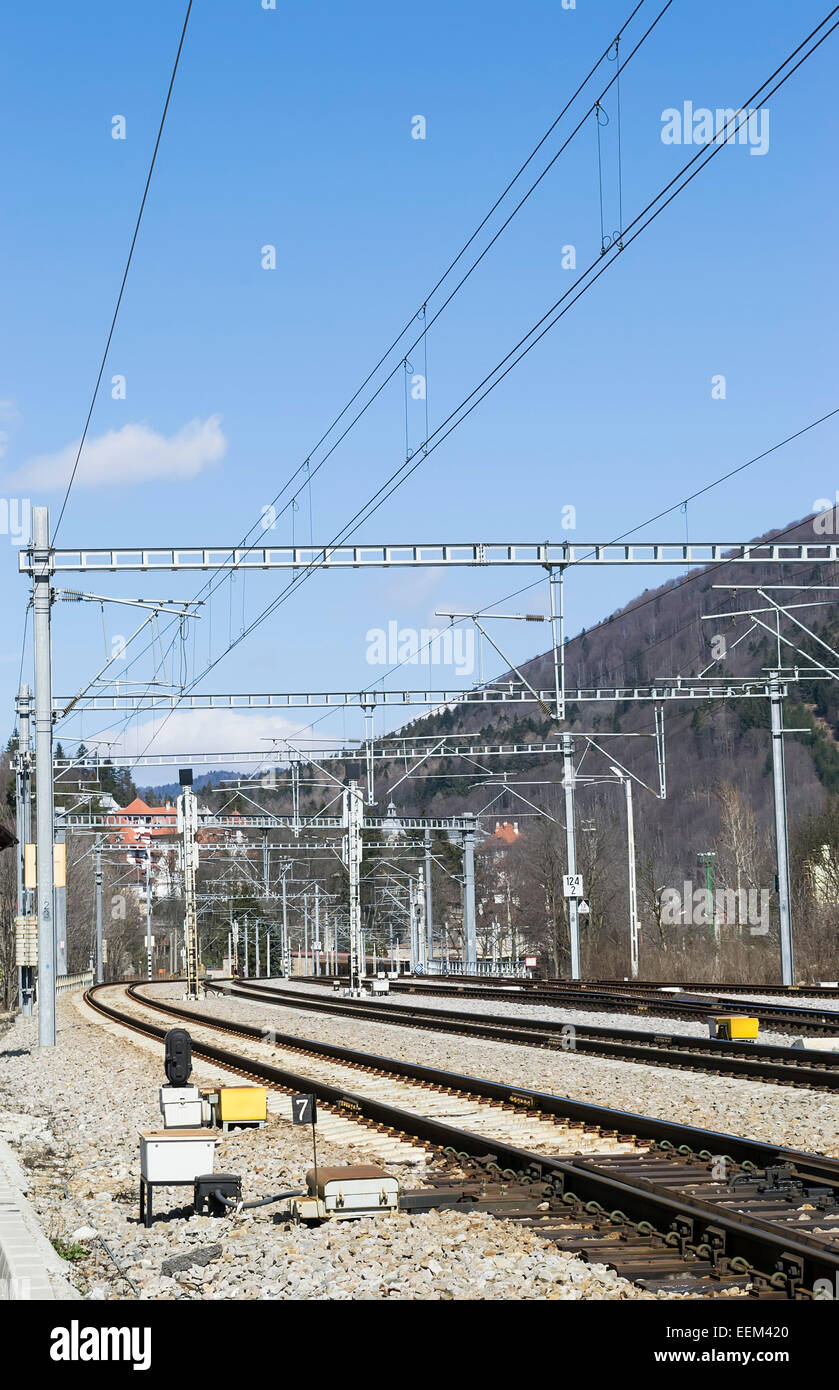 Überblick über eine Eisenbahn-Landschaft mit Infrastrukturelemente Stockfoto