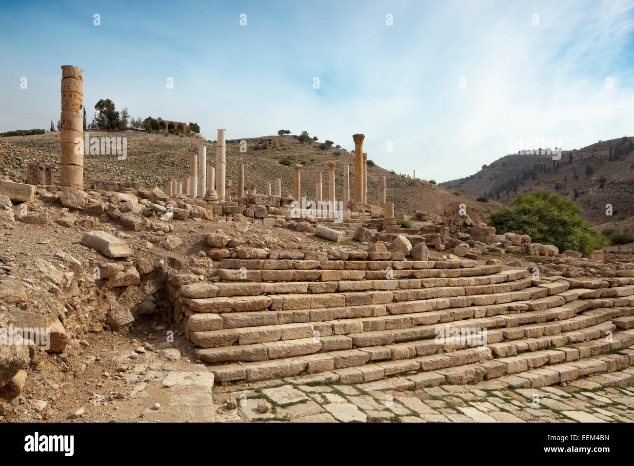 Treppen, die byzantinische Basilika, antiken Ruinen von Pella, Tabaqat Fahl, Wadi Jirm el Moz, Jordan-Tal in der Nähe von Irbid, Jordanien Stockfoto
