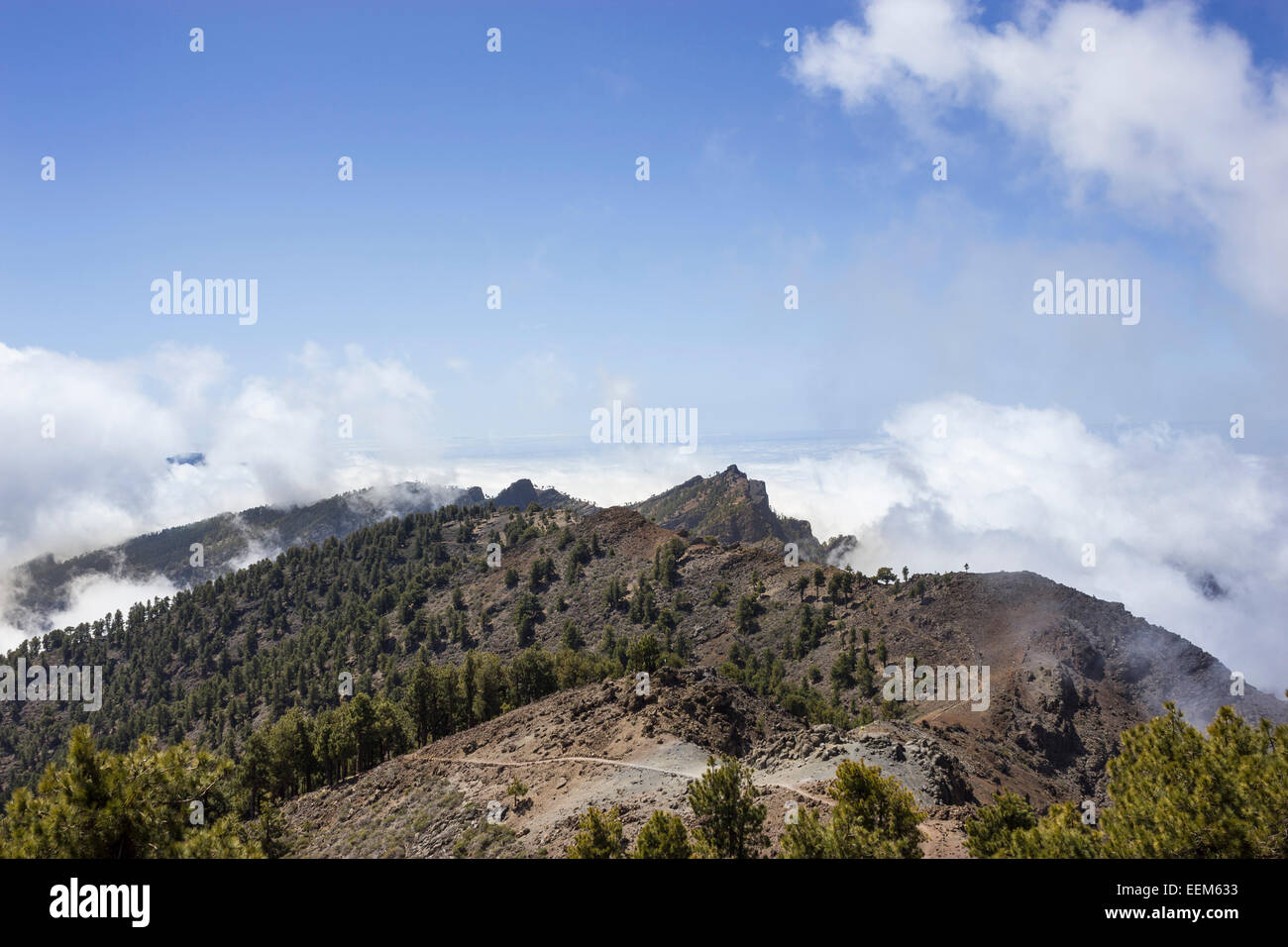 Blick vom Pico de Las Nieves, Lavalandschaft, Caldera de Taburiente Nationalpark, Degollada del Barranco De La Madera, La Palma Stockfoto