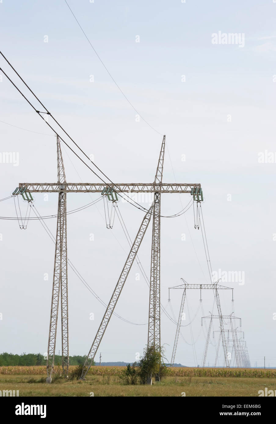Industrielandschaft mit flächendeckenden Netzwerk von Hochspannungsleitungen für Energieverteilung, Sicht-Seitenansicht Stockfoto