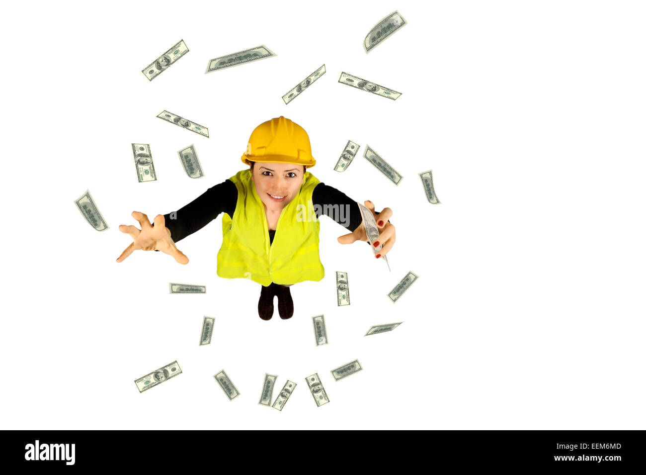 blue Collar Arbeiter Löhne Geld fliegenden Dollar isoliert auf weißem Hintergrund Stockfoto