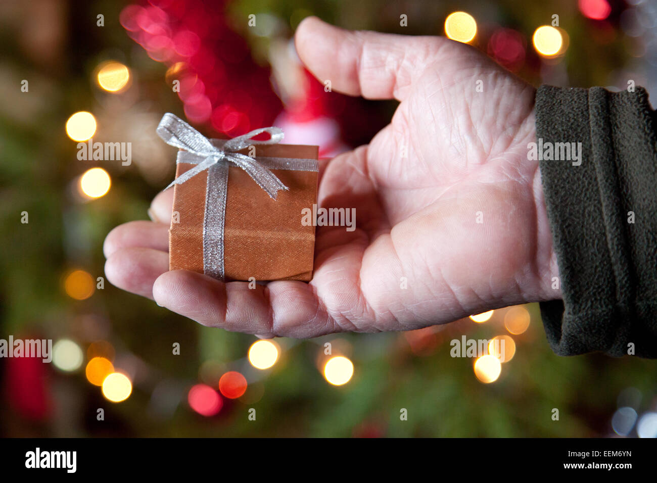 Mann hält Weihnachtsgeschenk Stockfoto