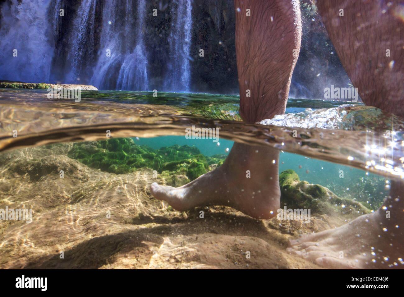 Nahaufnahme eines Menschenfußes, der durch das klare Wasser von Havasu Creek, Arizona, USA, läuft Stockfoto