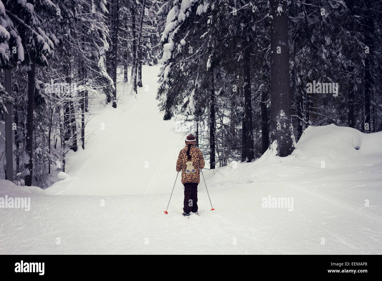 Kaukasische Mädchen Langlaufen im Wald Stockfoto