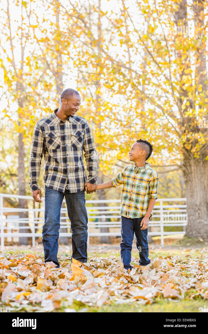 Vater und Sohn Hand in Hand im Herbstlaub Stockfoto