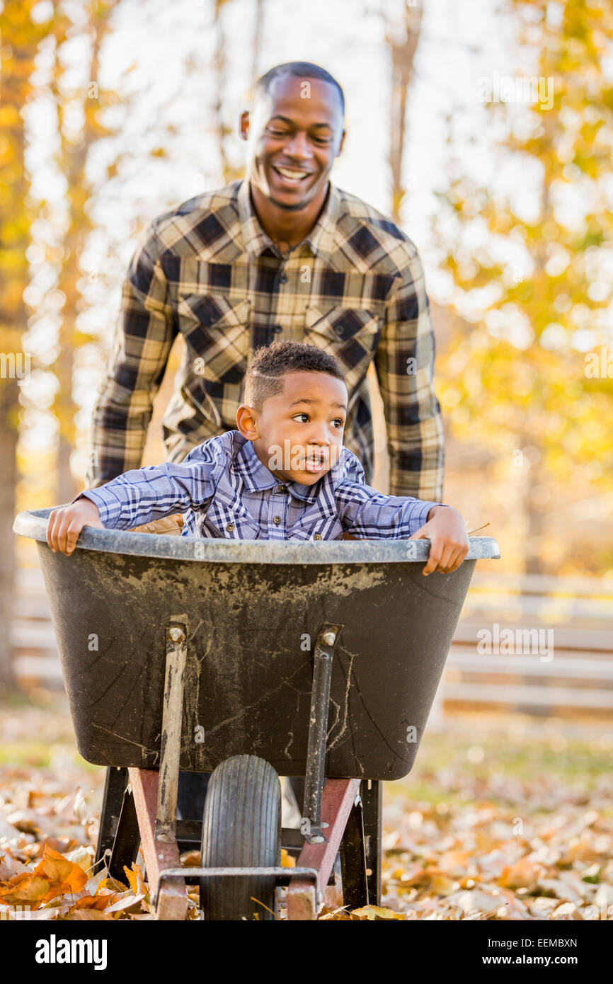 Schwarze Vater Sohn einschieben Schubkarre im Herbst Blätter Stockfoto