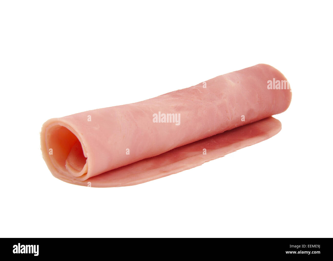 Drei gekocht gekocht und rollte Schinkenwurst isoliert auf weißem Hintergrund Stockfoto