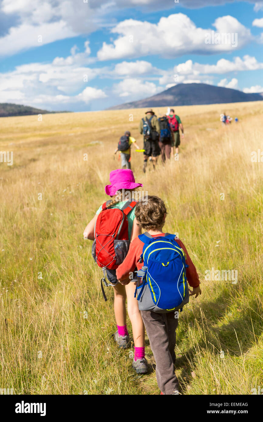 Kaukasische Kinder zu Fuß auf Wiese in abgelegenen Landschaft Stockfoto