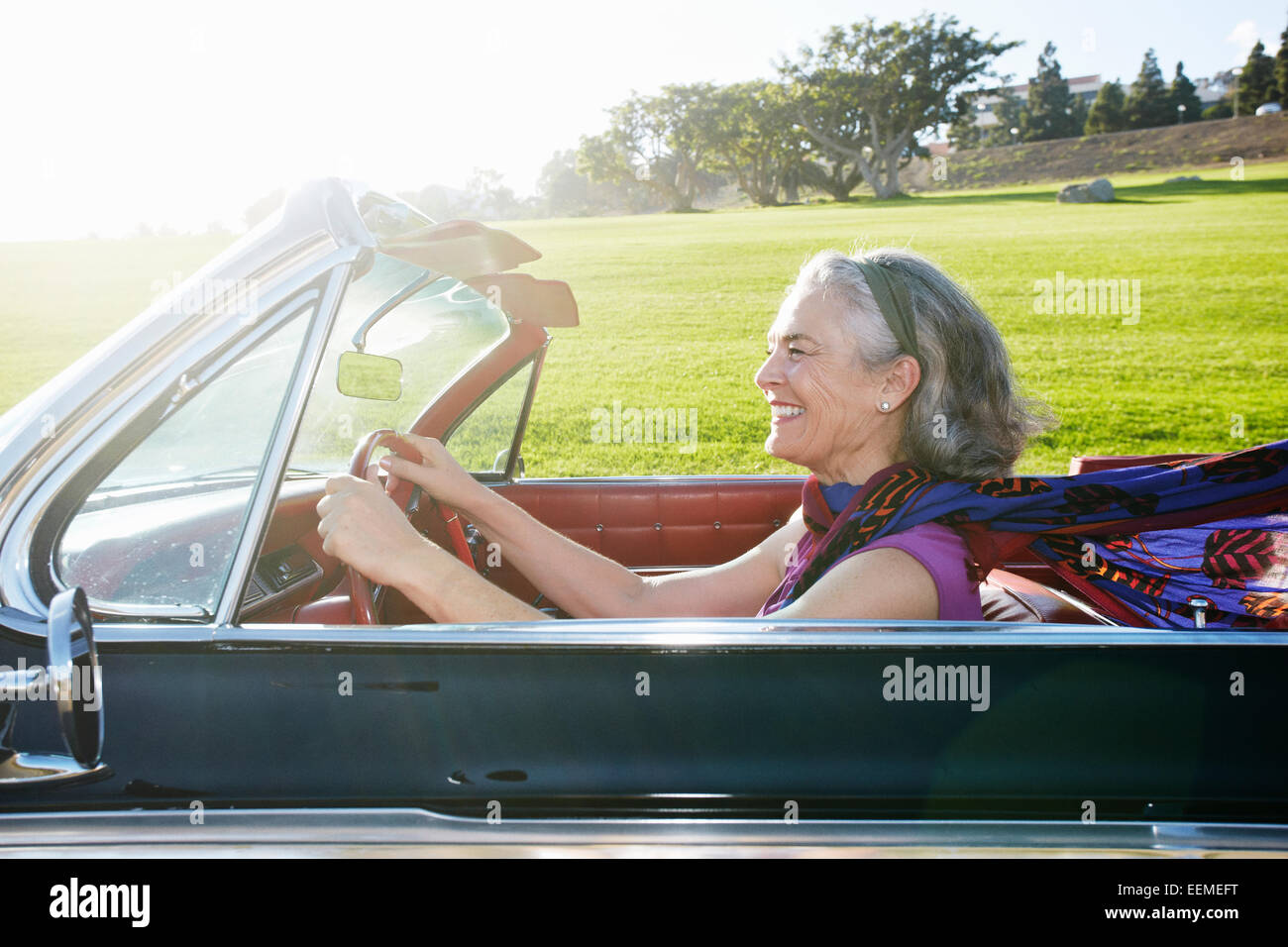Kaukasische Frau treibende klassische Cabrio Stockfoto