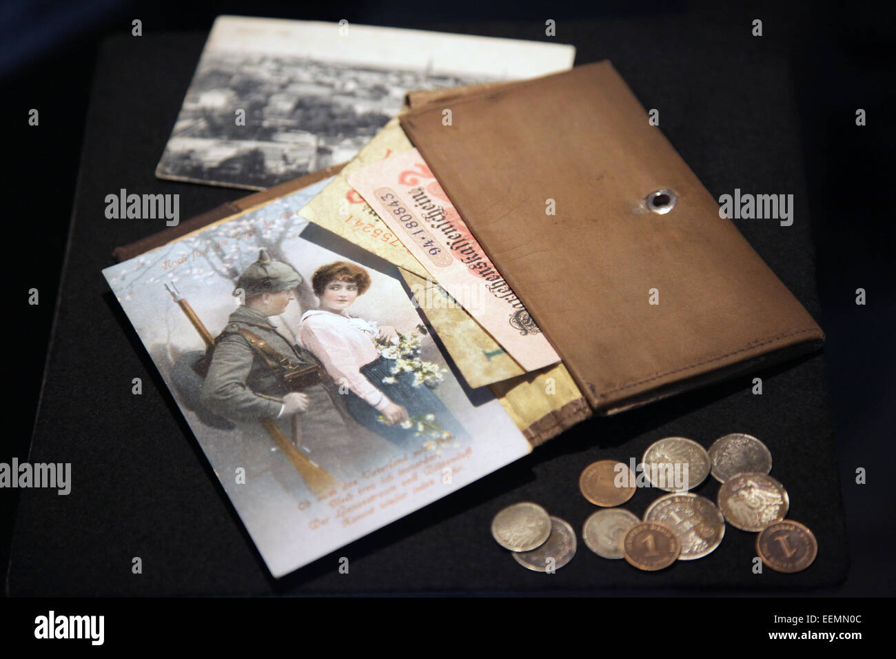 Brieftasche aus dem Ersten Weltkrieg in Flanders Fields Museum.Ieper.Ypern.Belgien.Flanders Fields World war Stockfoto