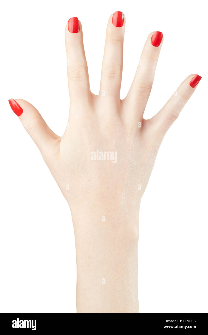 Frau Hand mit rotem Nagellack Maniküre auferweckt Stockfoto