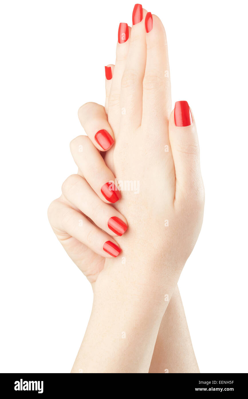 Auf weibliche Hände mit rotem Nagellack Maniküre Stockfoto