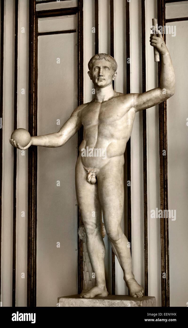 Statue des Kaisers Augustus (63 v. Chr. – 19. August 14) 5. C. AD-Kopie des Augustus (27 v. Chr. - 14 n. Chr.) von Diadumeno di Policleto Rom Capitoline Museum Italien Italienisch Stockfoto